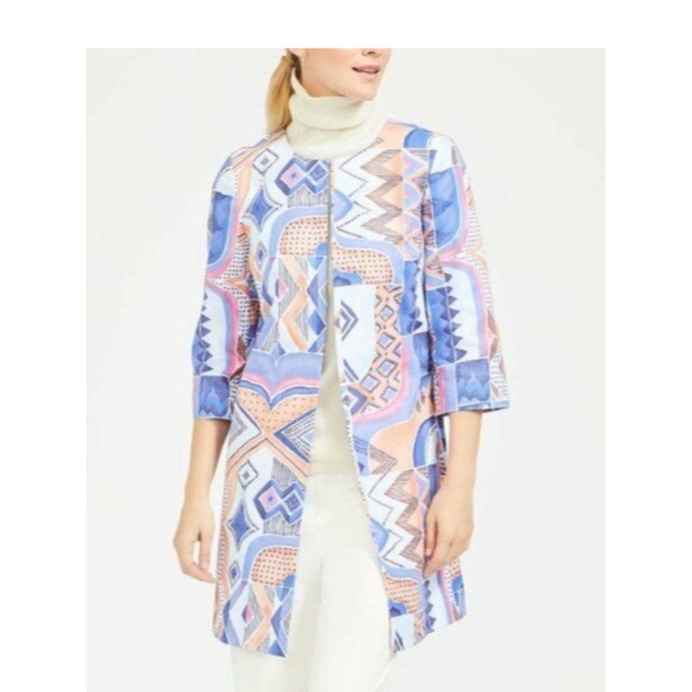 J McLaughlin Womens Sussex Turkish Longline Jacket Duster Sz S Artsy Abstract - Picture 12 of 12